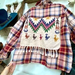 Upcycled Navajo FRINGE flannel shirt w cabin southwestern vibe
